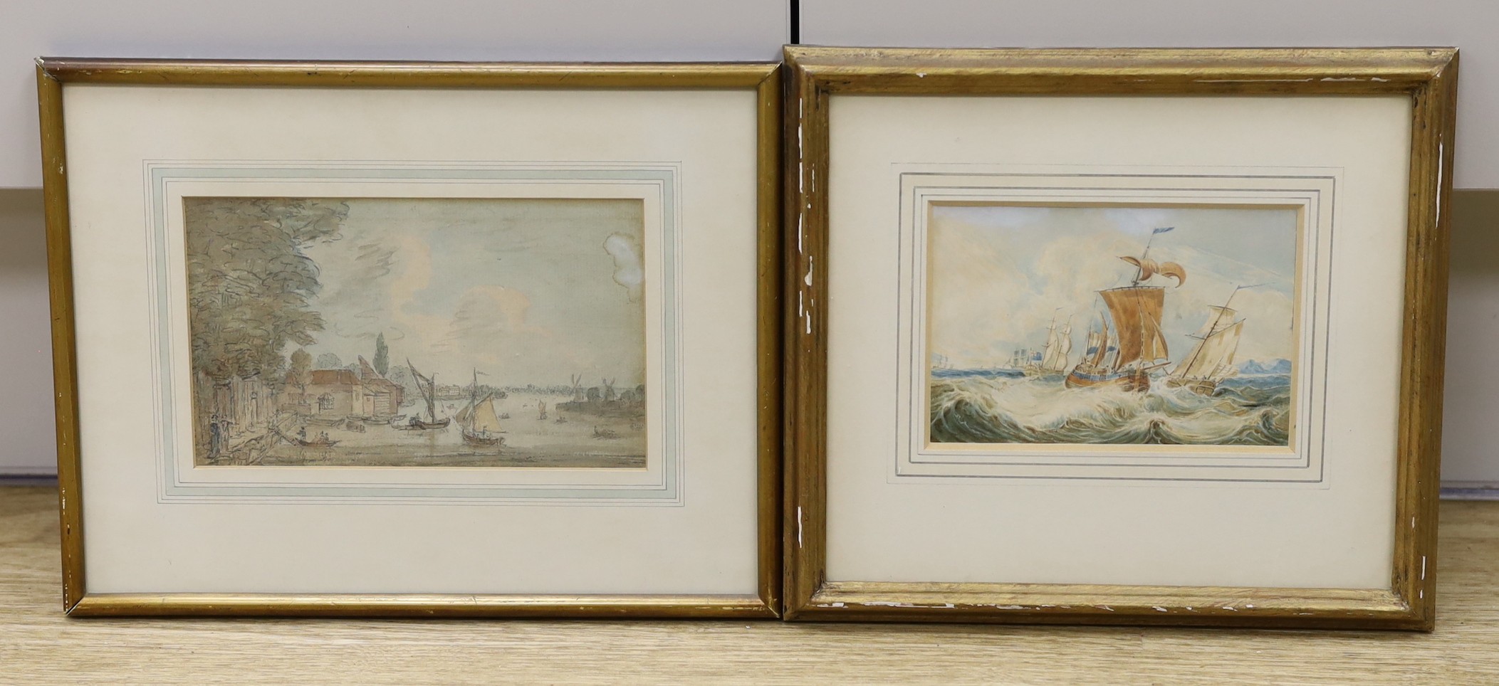 George Perfect Harding (1780-1853) , watercolour, Shipping off the coast, signed and dated 1829, 9 x 13cm and a watercolour sketch 'Along The Thames', 10 x 17cm